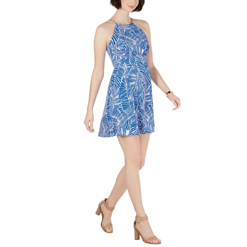 Criss Cross Blue Large Leaf Print‎ Sun Dress. Size Small